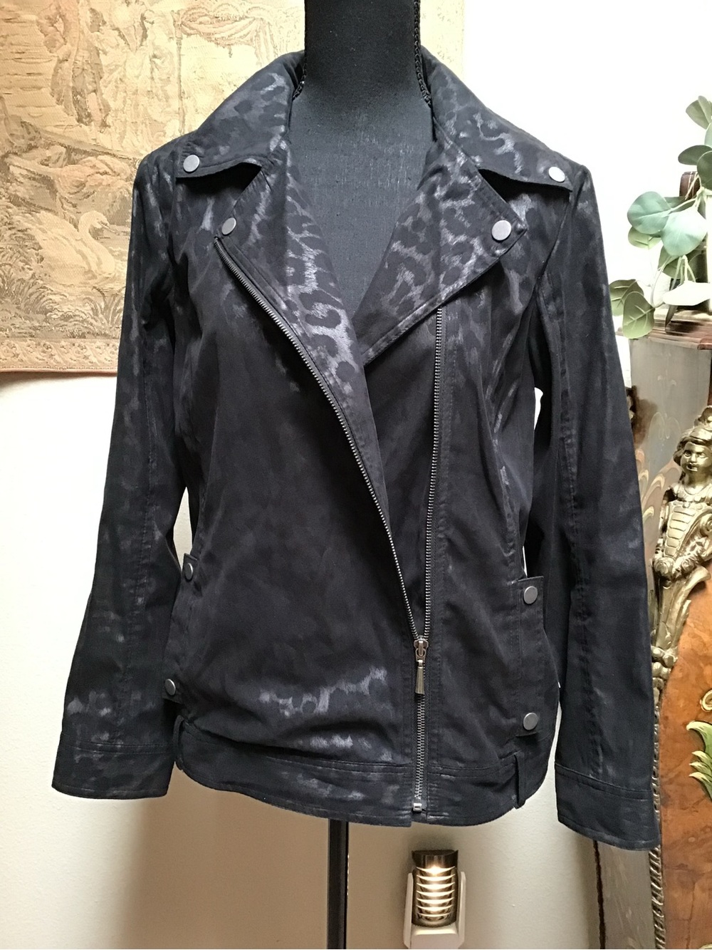 Chico's Black Leopard-Print Faux Leather Jacket